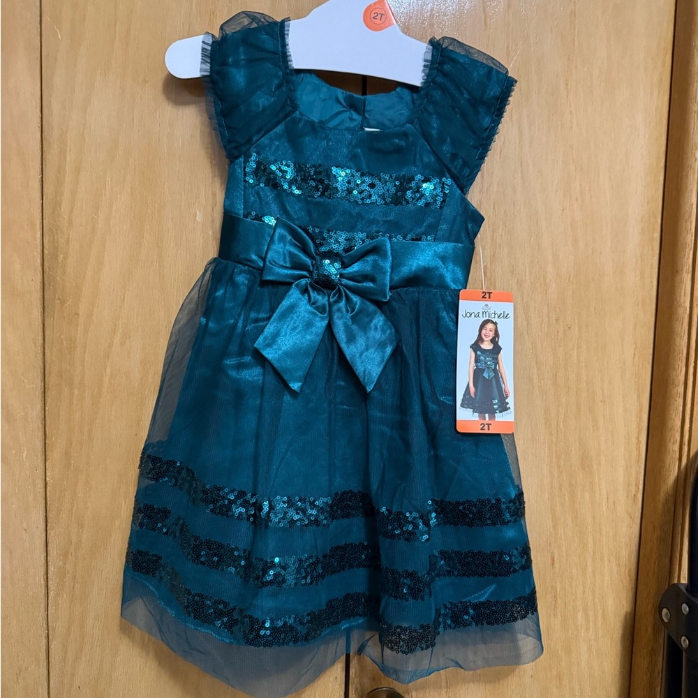 Jona Michelle Teal Dress with Sequins and Bow